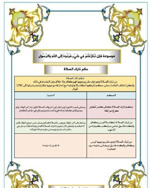 موسوعة َفإِن تَنَازَعْتُمْ فِي شَيْءٍ فَرُدُّوهُ إِلَى اللّهِ وَالرَّسُول تارك الصلاة