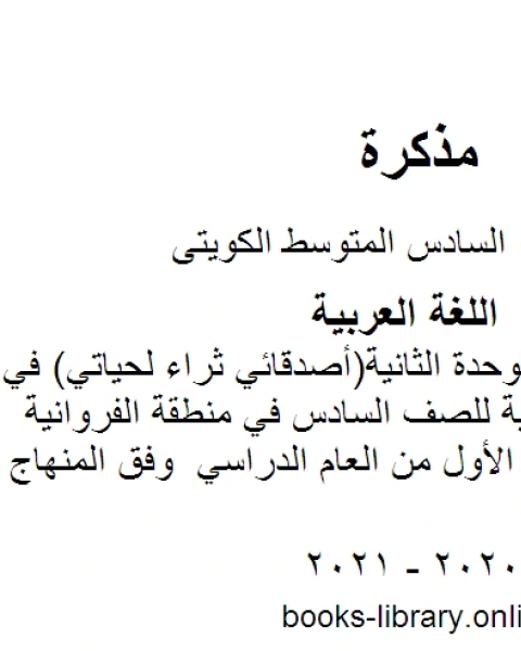 الثروة اللغوية للوحدة الثانية أصدقائي ثراء لحياتي في مادة اللغة العربية للصف السادس في منطقة الفروانية التعليمية للفصل الأول من العام الدراسي وفق المنهاج الكويتي الحديث